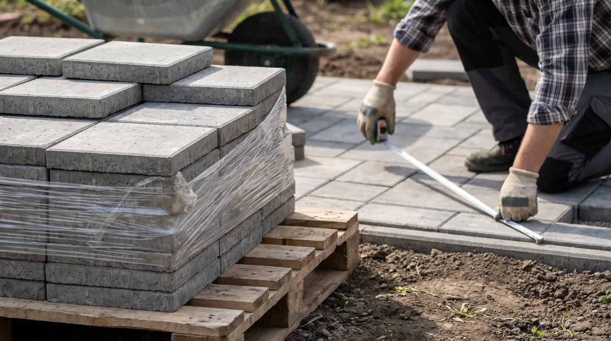 Stacks of square concrete pavers on a pallet next to a patio area being measured with a tape measure