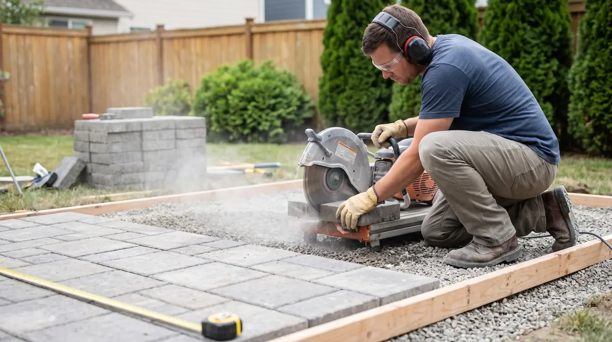 A worker cutting a concrete paver on a saw to fit the edge of a square 10 by 10 foot patio