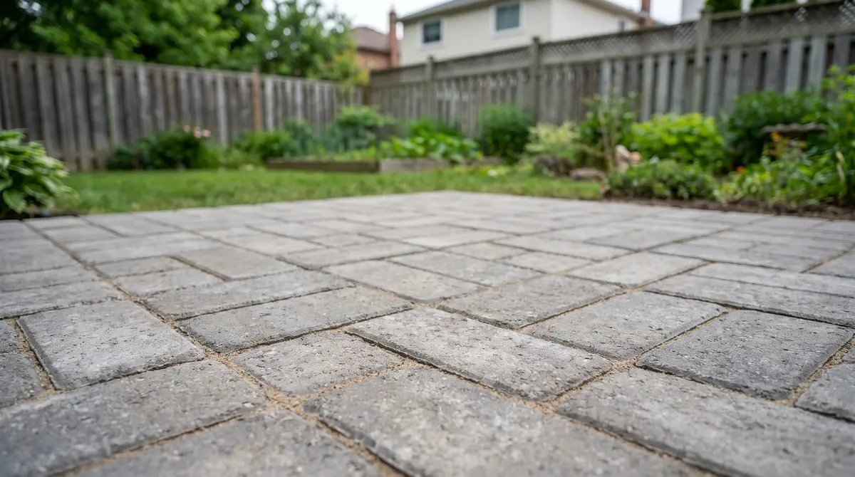 A finished 10x10 paver patio of grey concrete pavers laid in a running bond pattern in a backyard