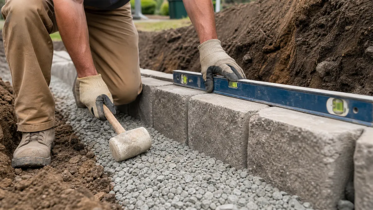 A builder leveling the buried first course of retaining wall blocks on a compacted gravel base