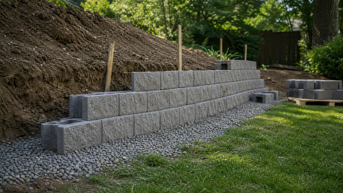 A stacked segmental block retaining wall being built course by course along a backyard slope