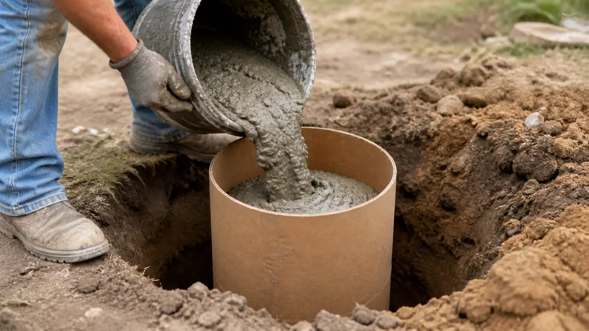 A worker pouring wet concrete into an upright cardboard sonotube form set in a dug post hole