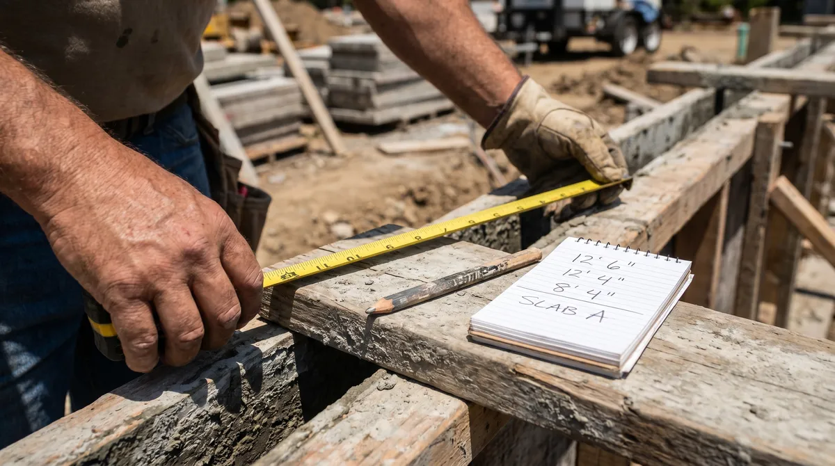 A builder measuring a wooden concrete form with a tape measure to work out how much concrete is needed