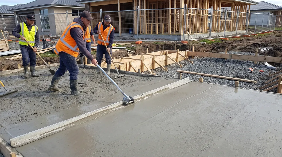 A freshly poured concrete slab being screeded level with tools on a construction site