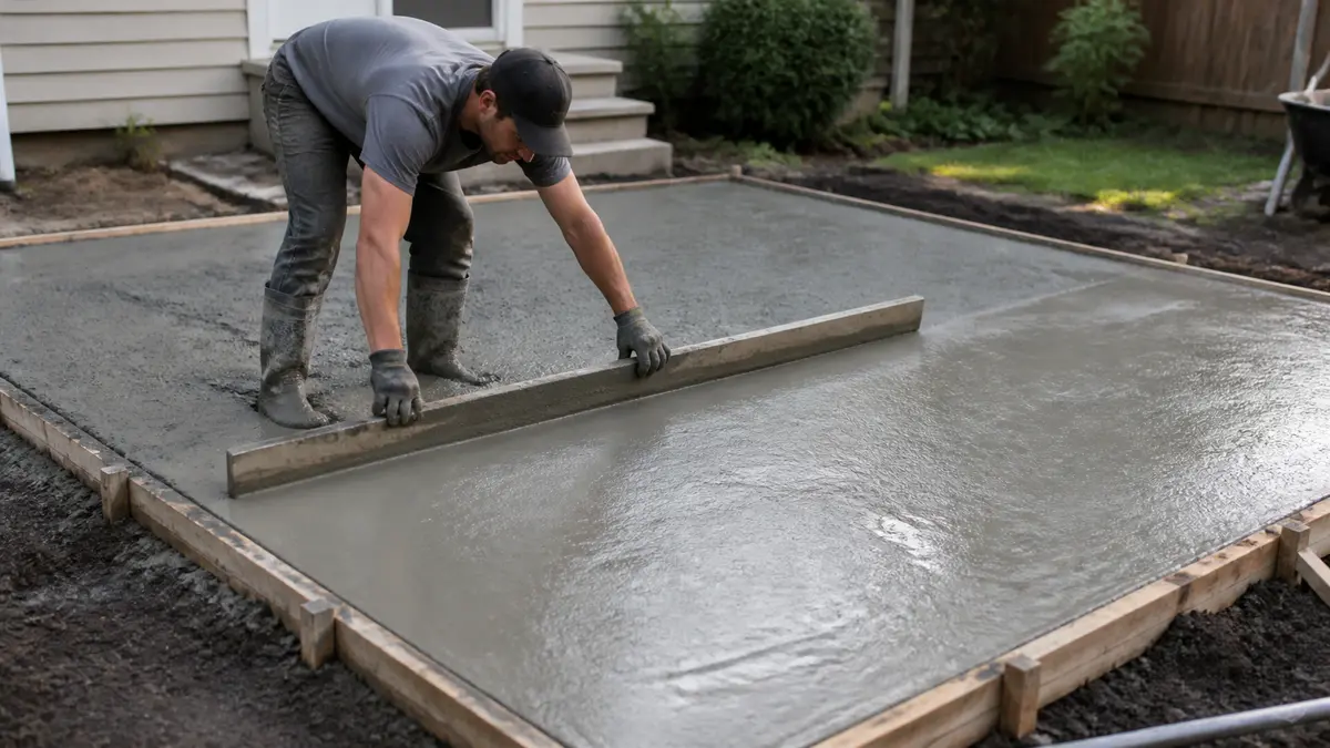 A worker screeding wet concrete flat across a freshly poured square patio slab