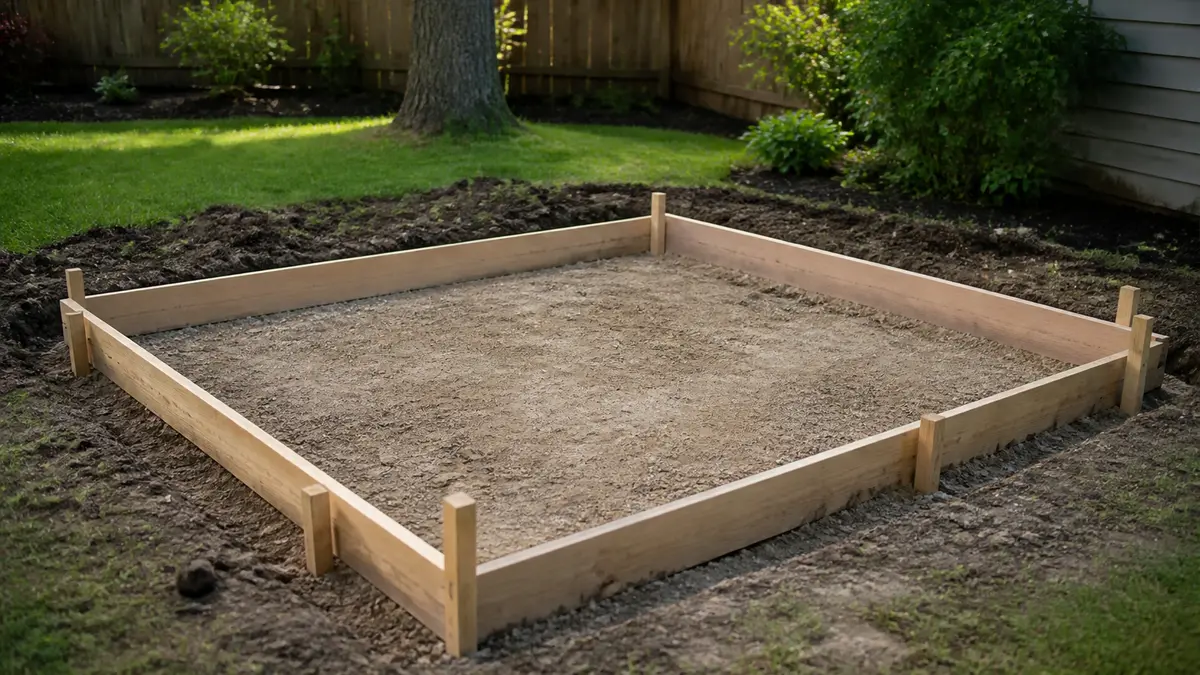 A 10x10 foot concrete slab form staked out and ready for pouring in a residential backyard