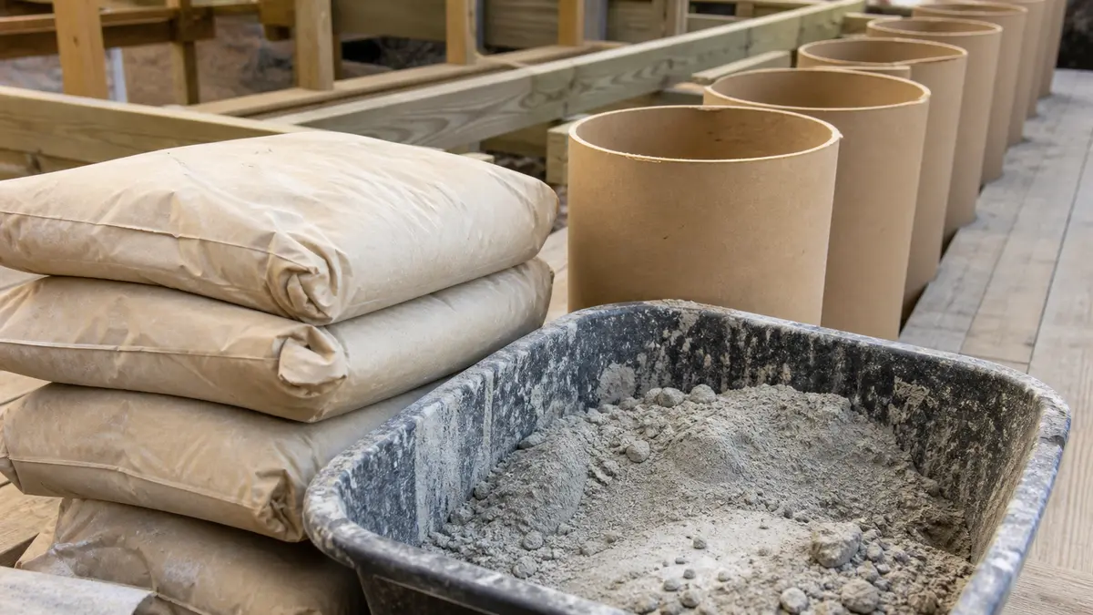Close-up of bagged concrete mix and a mixing tub beside a row of sonotube forms on a deck job site