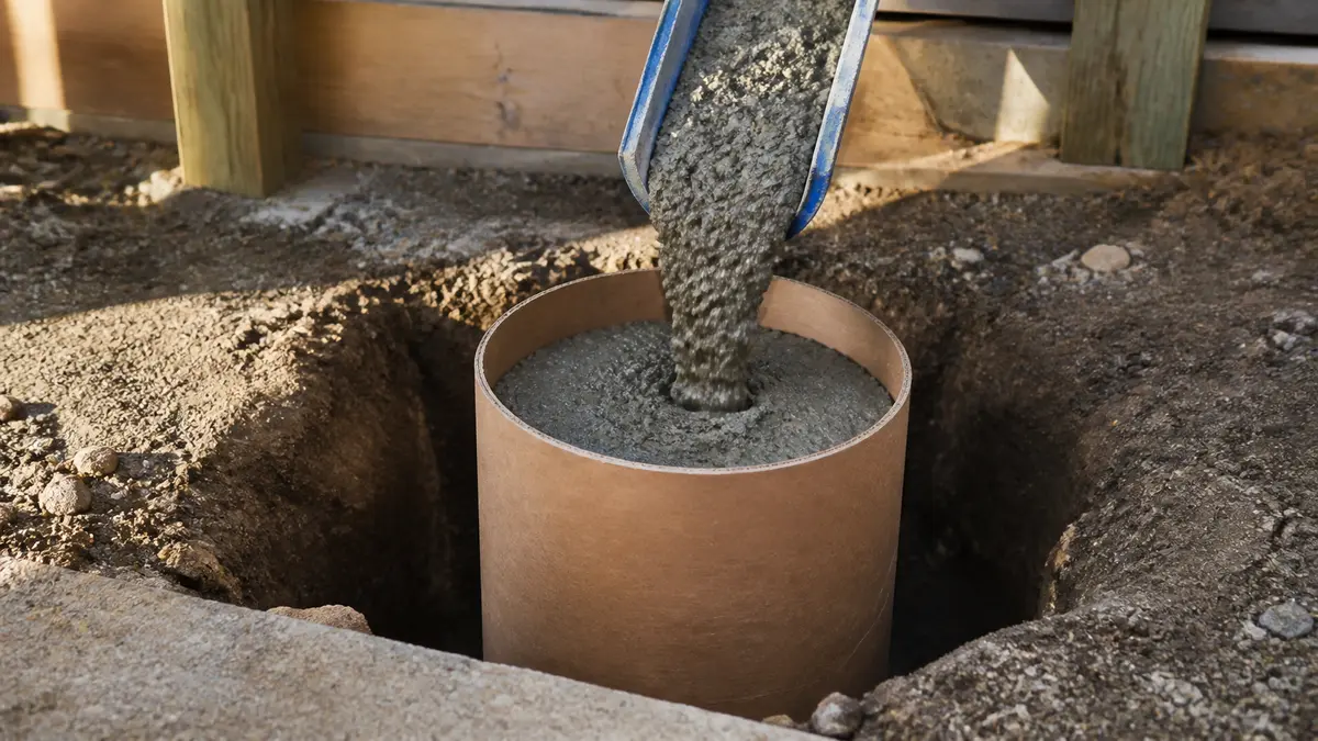 A cardboard sonotube form standing in a dug hole being filled with wet concrete for a deck footing