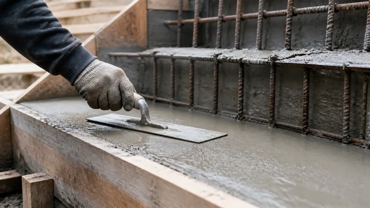 Freshly poured concrete stair treads being smoothed with a hand trowel before a rebar-reinforced riser