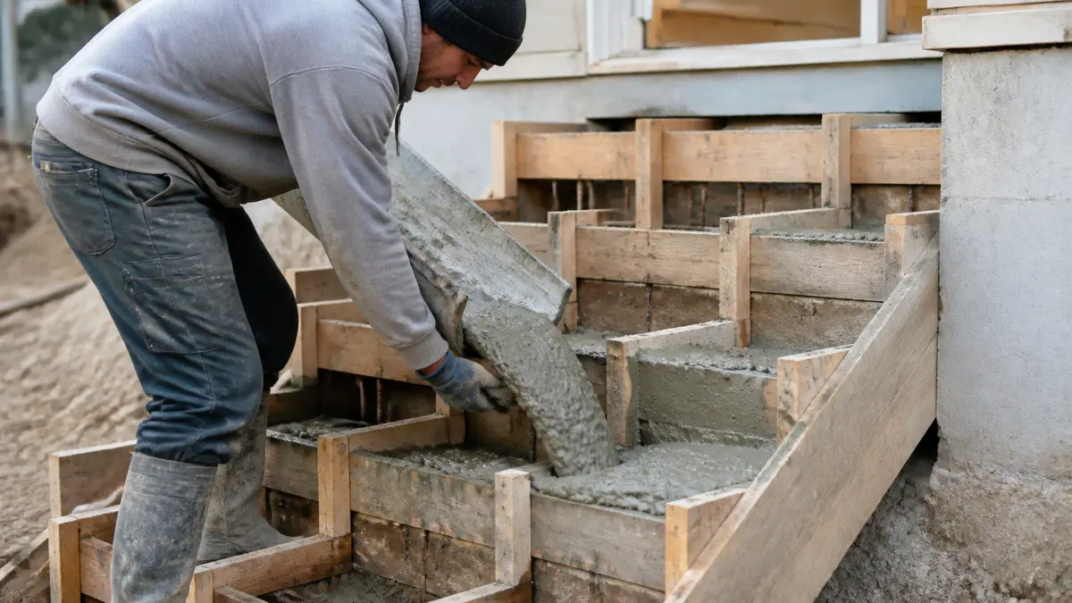 A worker pouring concrete into wooden forms for a set of exterior concrete steps