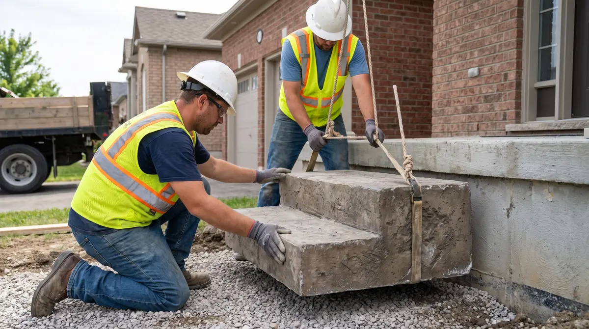 A precast concrete step unit being lowered into place by two workers at a residential front entry
