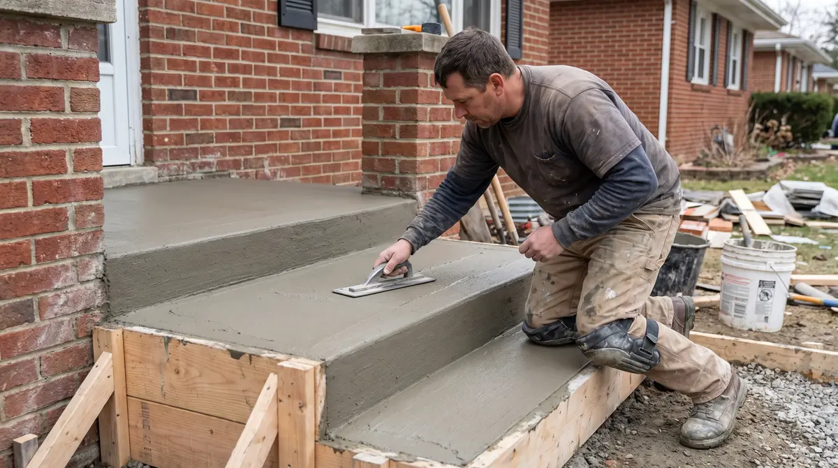 Newly poured concrete entry steps being troweled smooth in front of a brick house on a job site