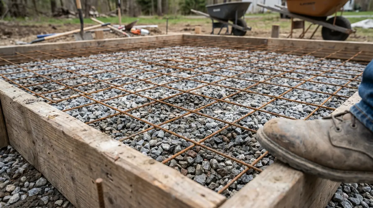 Wire mesh laid over gravel inside wooden forms before pouring a 12x12 concrete slab