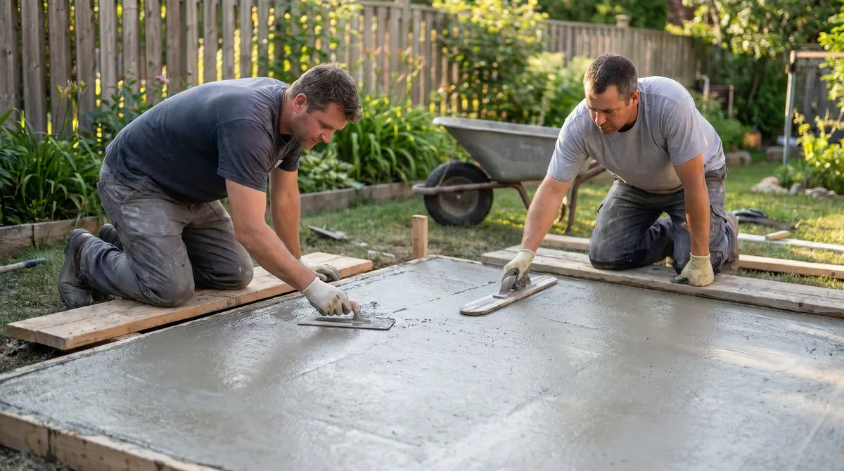 Two workers finishing a freshly poured 12x12 concrete slab for a backyard shed foundation