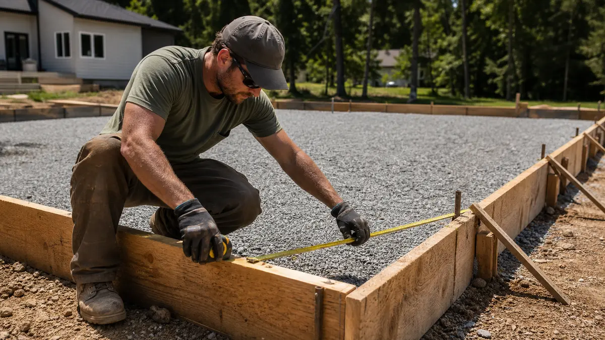 A contractor measuring formwork with a tape measure before pouring a 20 by 20 foot concrete slab
