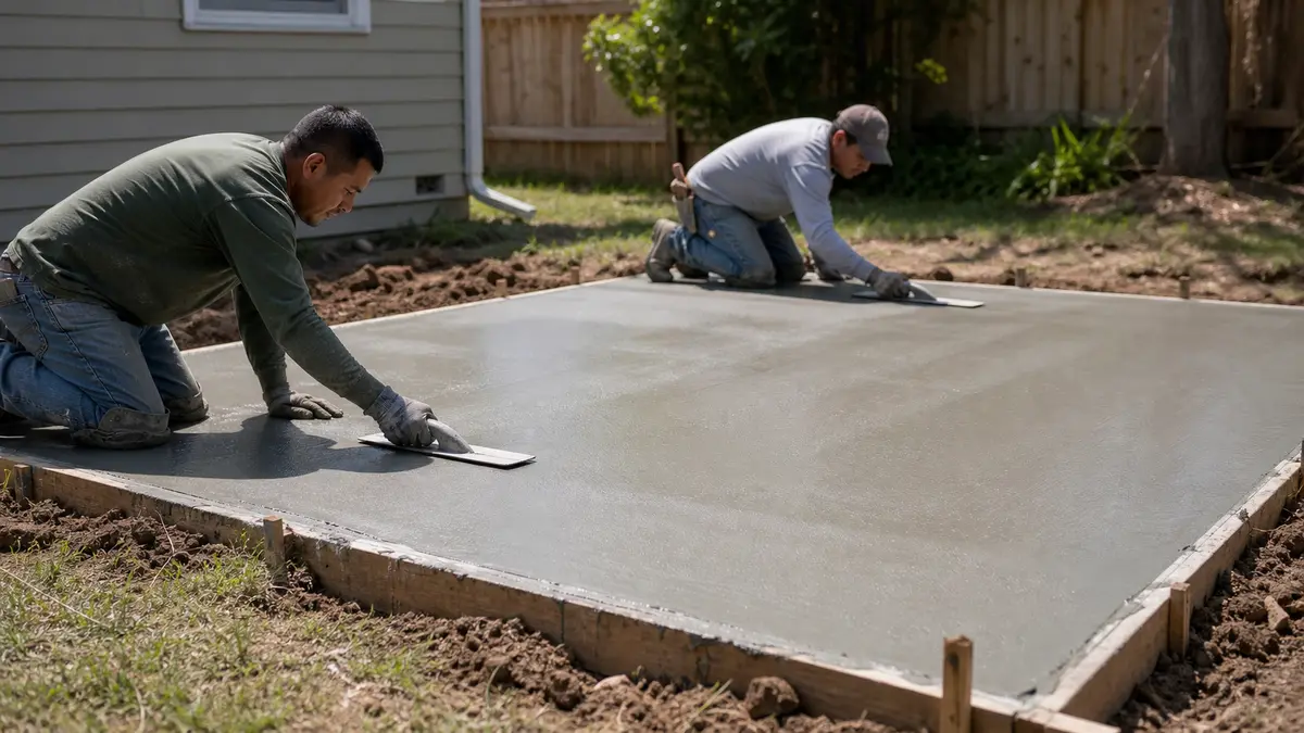A finished 20x20 concrete slab being floated smooth by two workers on a residential backyard job site