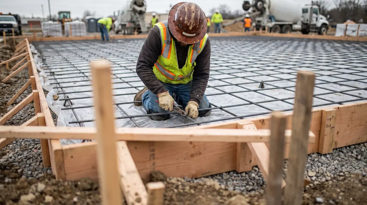 A contractor placing rebar in a wooden form before pouring a 1200 square foot concrete slab