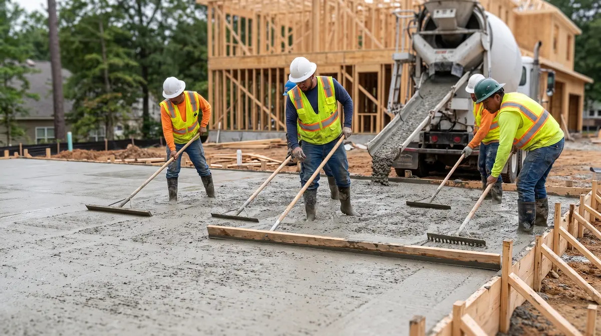 A large 30x40 concrete slab being poured and screeded level by a crew on a residential building site