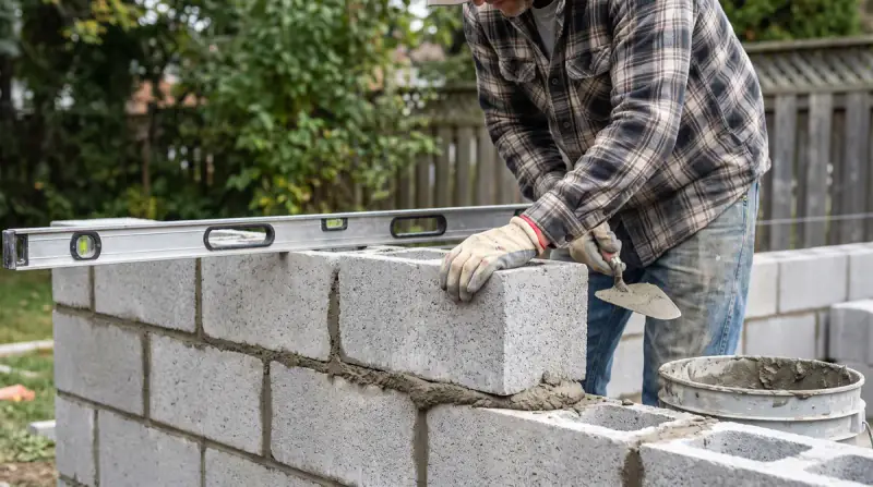 A mason laying gray cinder blocks for a new backyard wall with mortar and a level on top of the course