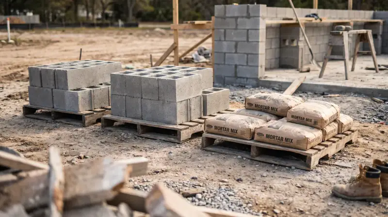 Stacked pallets of cinder blocks and bags of mortar staged next to a half-built block wall