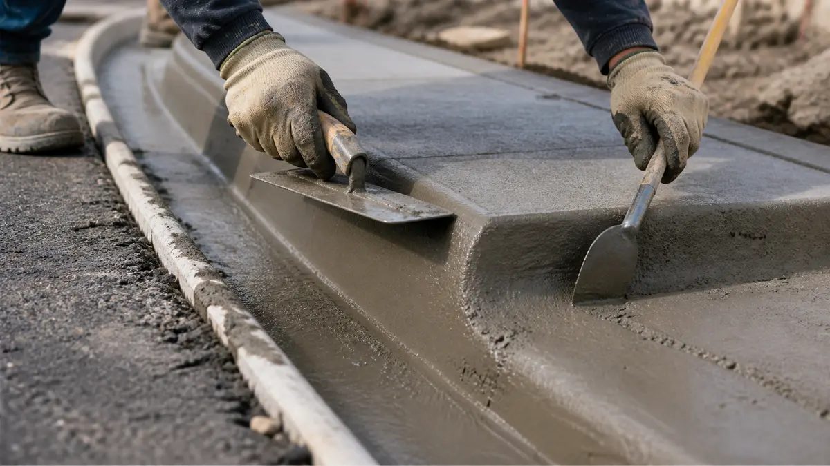 Close-up of a worker troweling and edging a fresh concrete curb and gutter section by a street