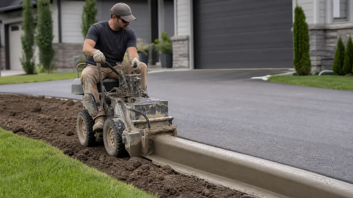 A concrete contractor using a curbing machine to extrude landscape curb along a driveway edge