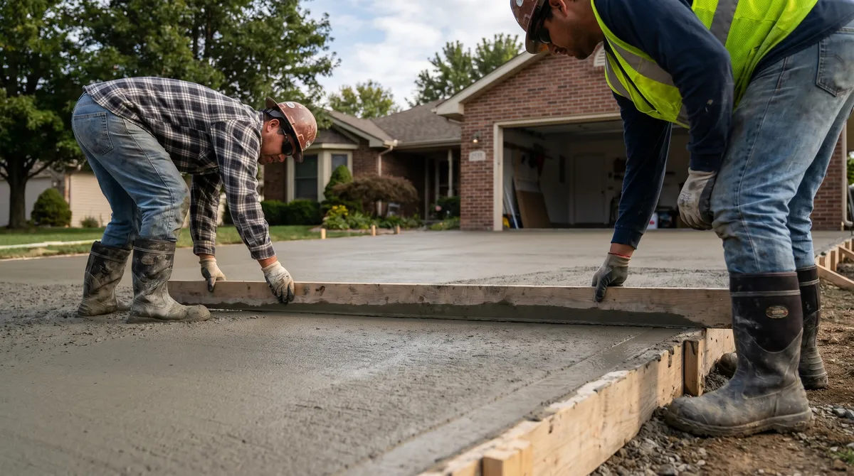 Workers screeding a freshly poured concrete driveway with the side forms still in place