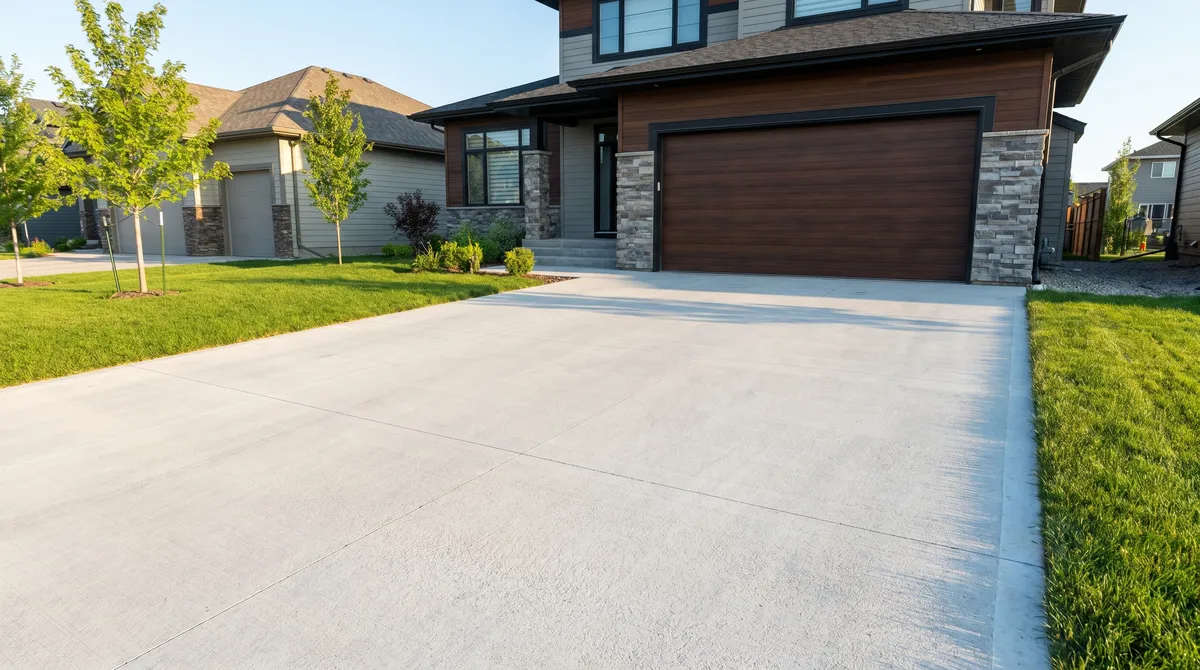 Finished concrete driveway with a broom finish leading to a suburban two-car garage