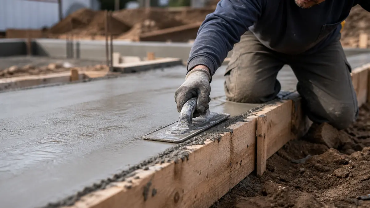 A concrete contractor troweling a freshly poured foundation footing along a wooden form