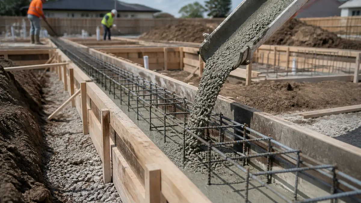 Concrete foundation footings and formwork being poured on a residential construction site