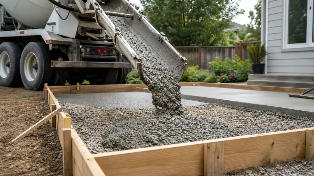 Concrete truck pouring ready-mix into wooden forms for a new backyard patio slab