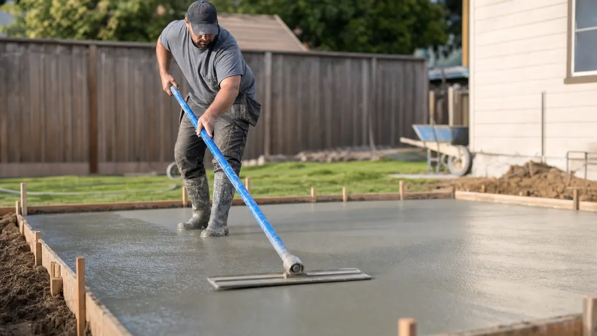 Contractor finishing a freshly poured concrete patio slab with a bull float in a backyard