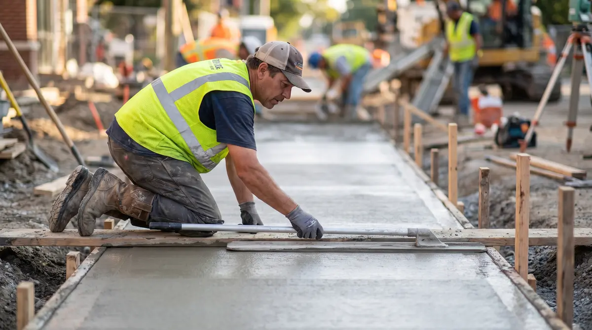 A worker floating and finishing a wet concrete sidewalk between wooden forms on a job site
