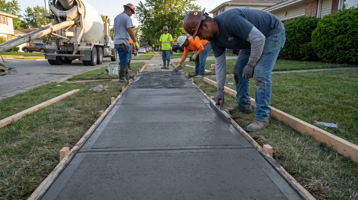 A new broom-finish concrete sidewalk being poured and edged along a residential front yard