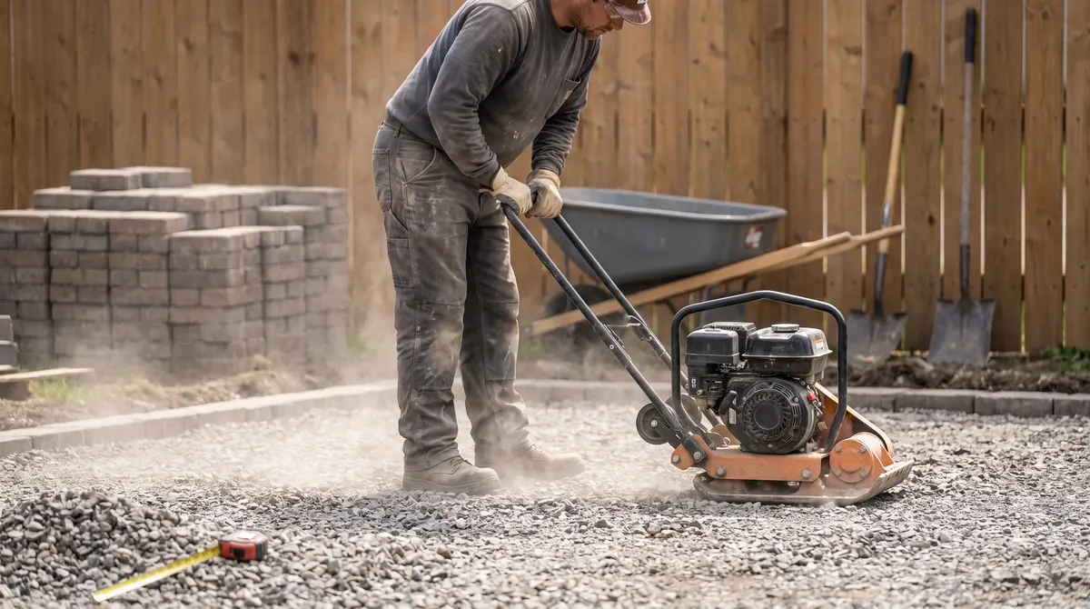 A worker compacting a gravel base layer before laying pavers for a new patio