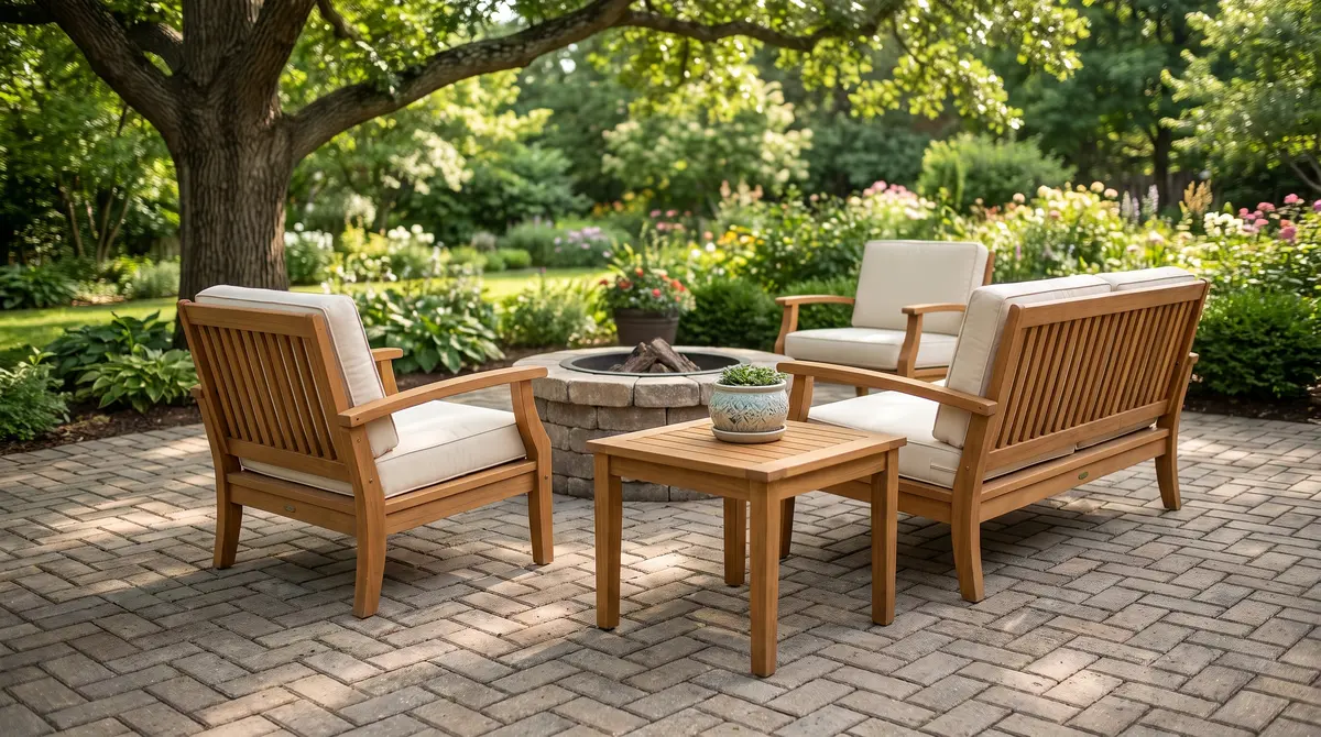 A finished concrete paver patio in a backyard with a herringbone pattern and patio furniture