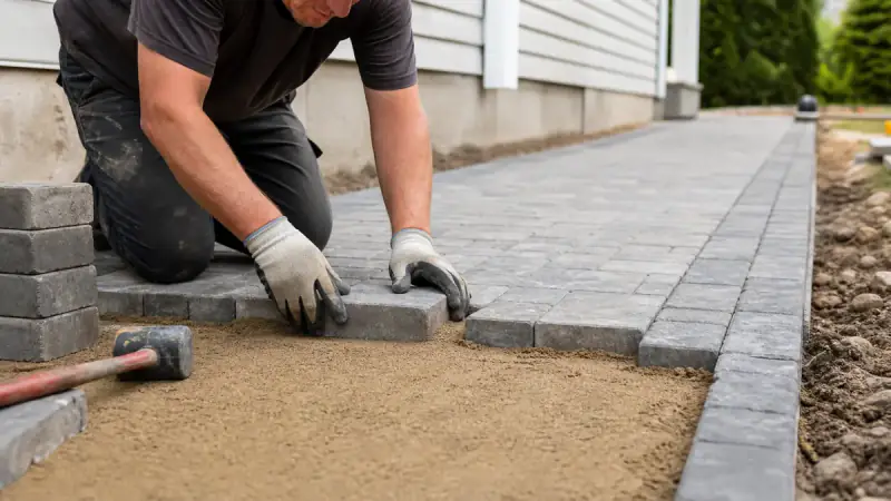 A mason laying interlocking concrete pavers on a sand-leveled walkway base beside a home