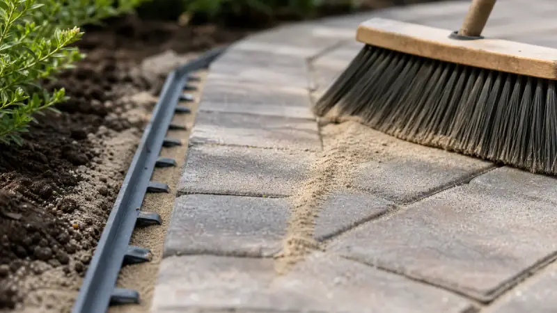 Close-up of paver edging restraint and joint sand being swept into a finished garden walkway