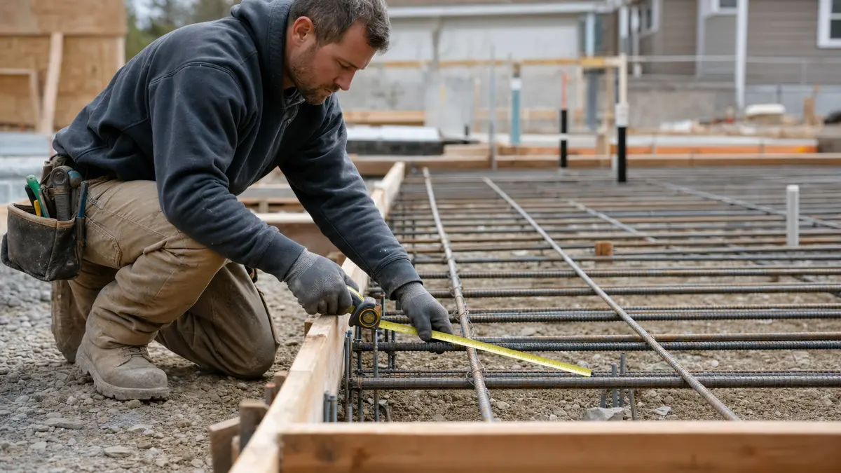 A contractor checking rebar and formwork with a tape measure before a concrete pour