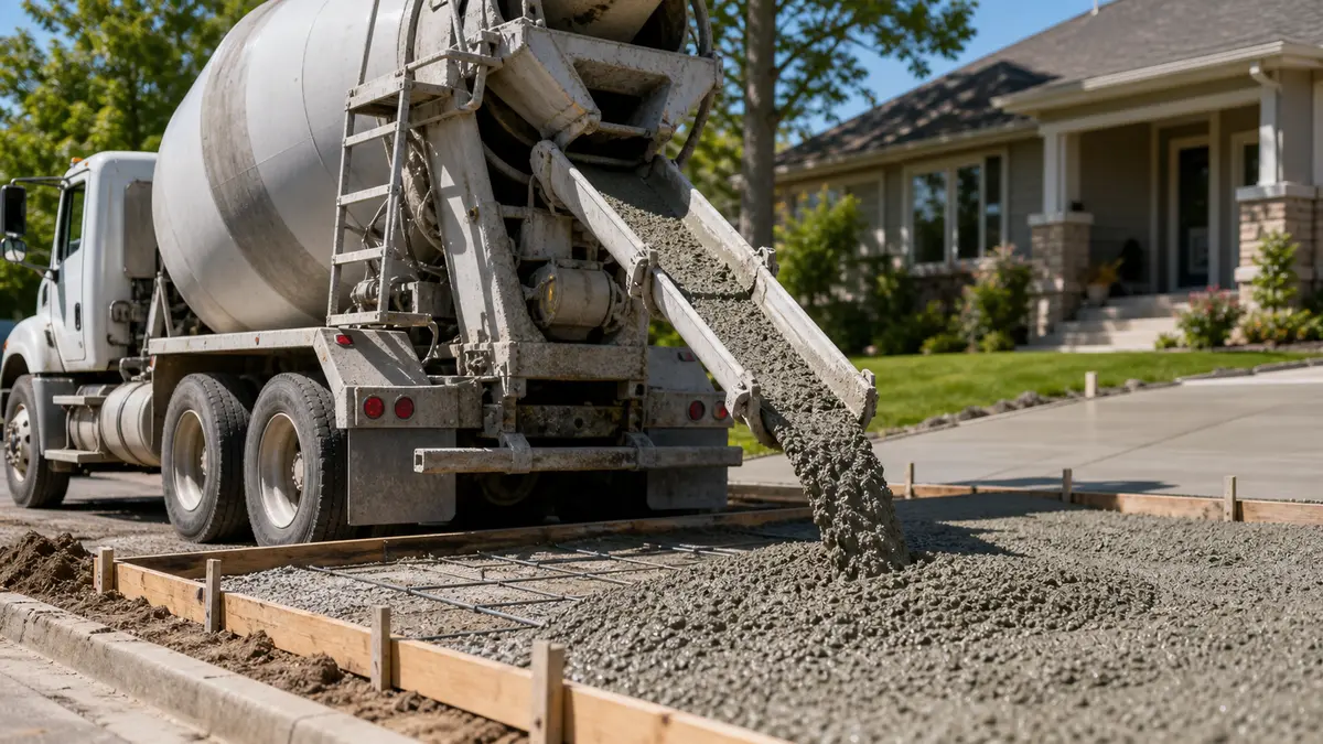 A loaded concrete mixer truck pouring a driveway slab on a sunny residential job site