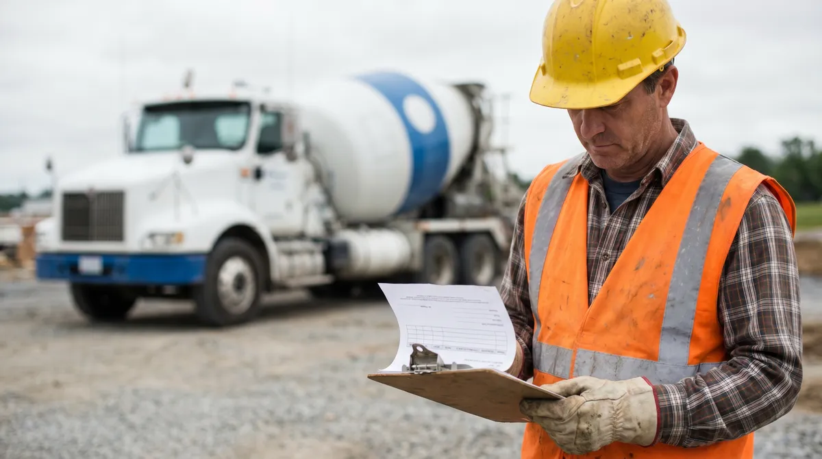 A contractor checking a concrete delivery ticket on a clipboard beside a mixer truck