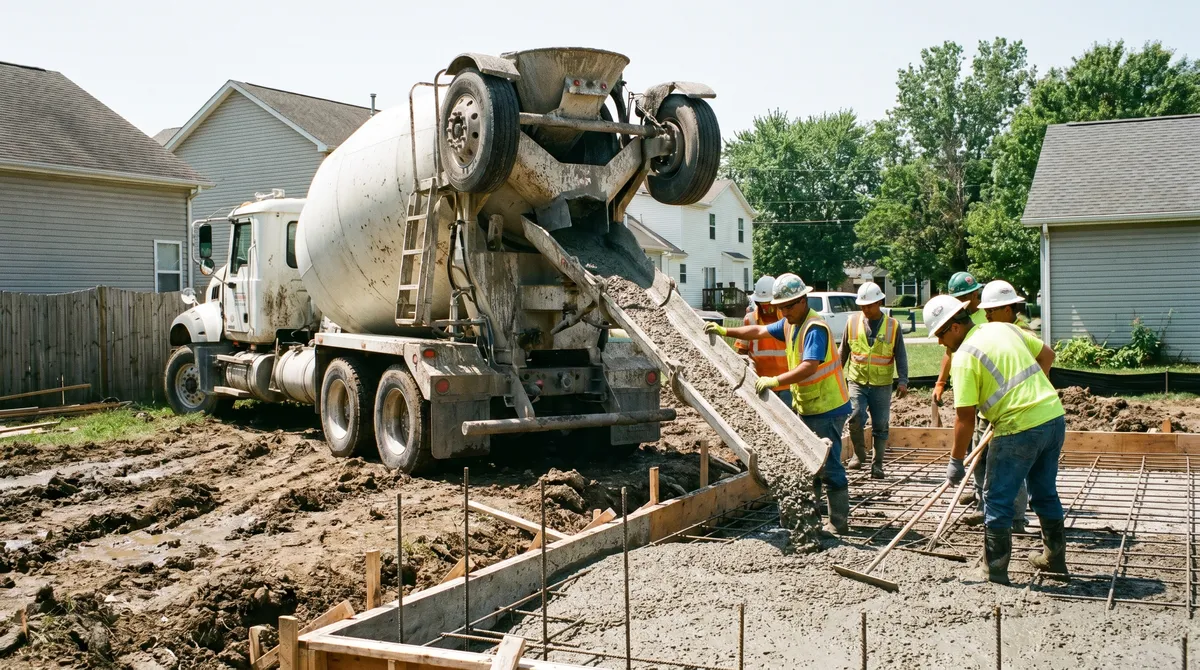 A concrete mixer truck pouring ready-mix concrete down the chute into a foundation form