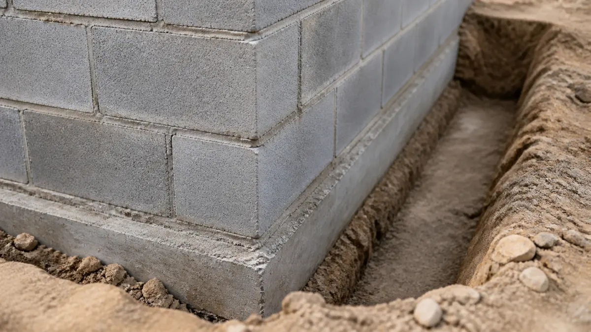 A finished cinder block wall corner with visible mortar joints and a footing trench beside it