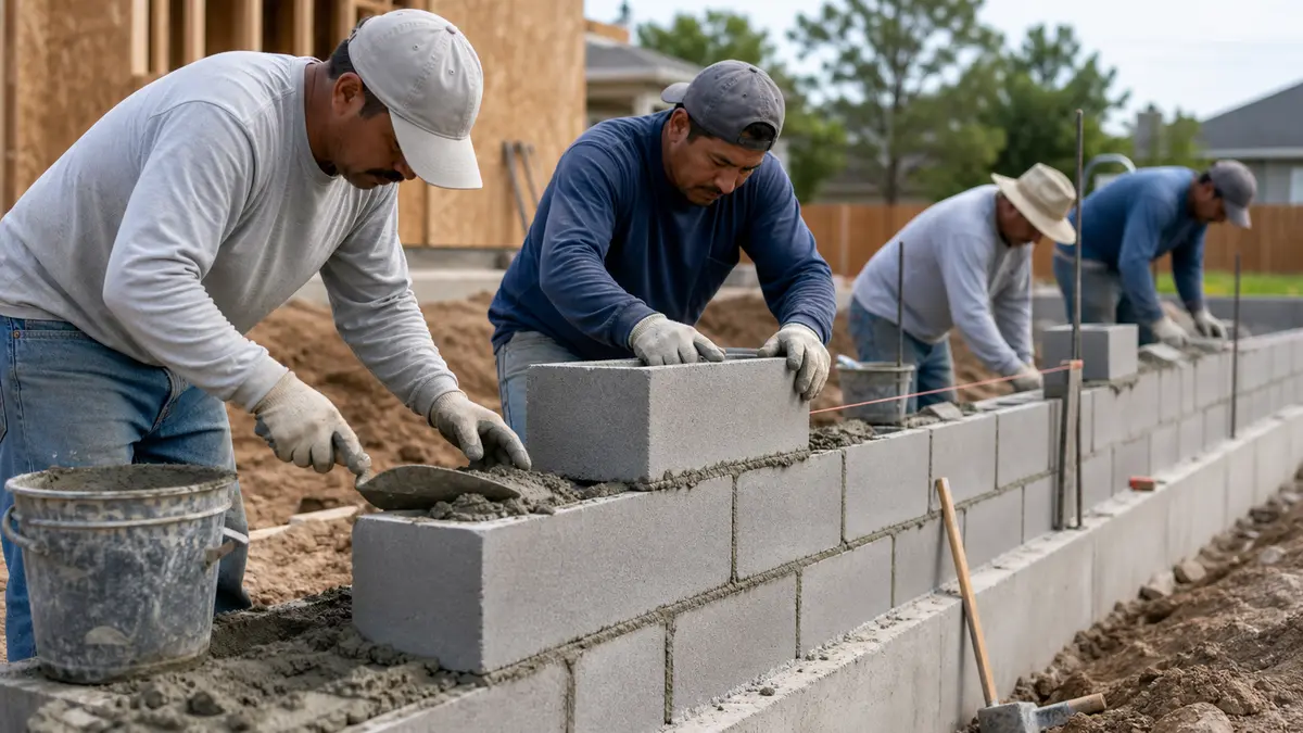 A mason crew building a gray cinder block wall on a poured concrete footing at a residential job site