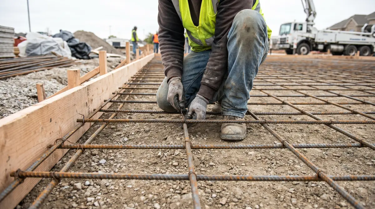 A worker tying a grid of half inch rebar with wire over a prepared slab subgrade before pouring concrete