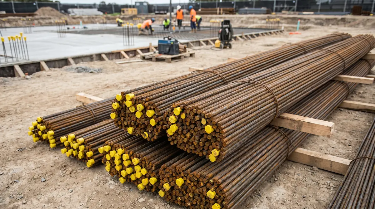 Bundles of steel rebar stacked on a construction site ready for a concrete pour, showing rebar cost