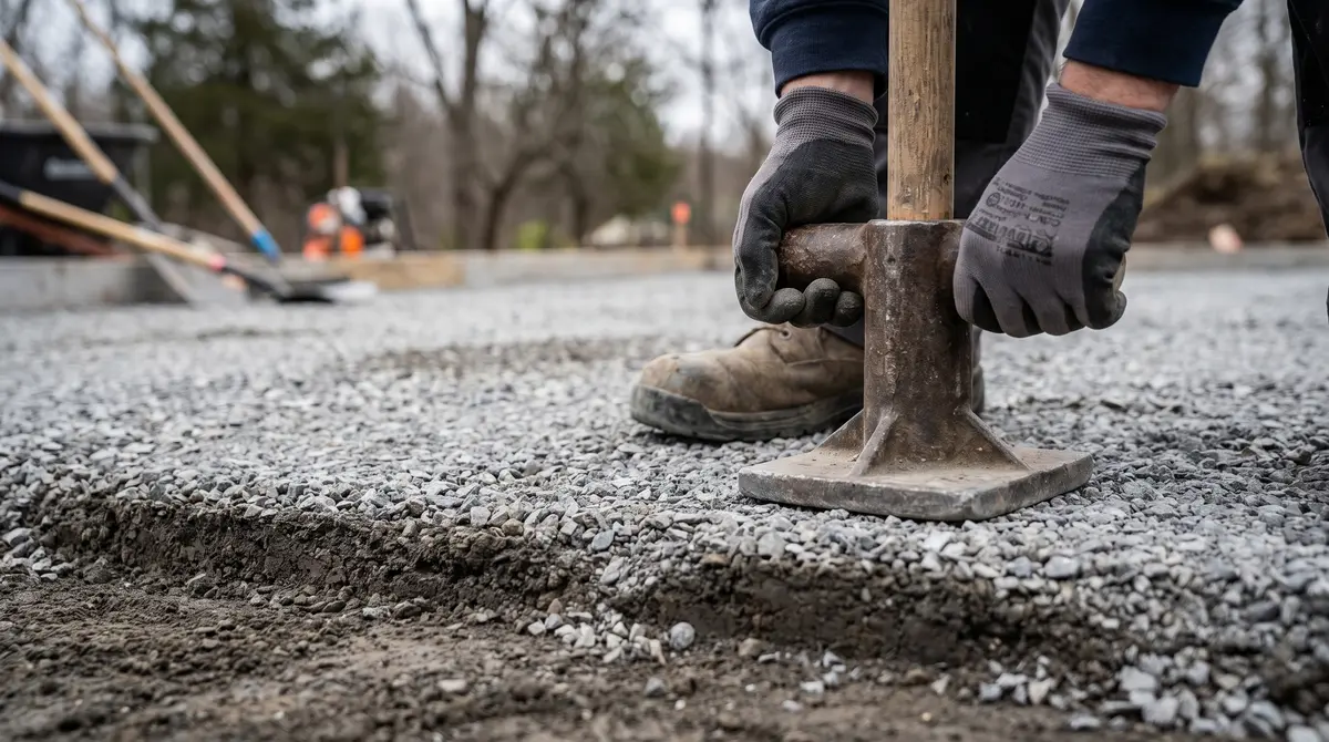 A hand tamper compacting crushed gravel in thin layers over a leveled subgrade for a concrete pad