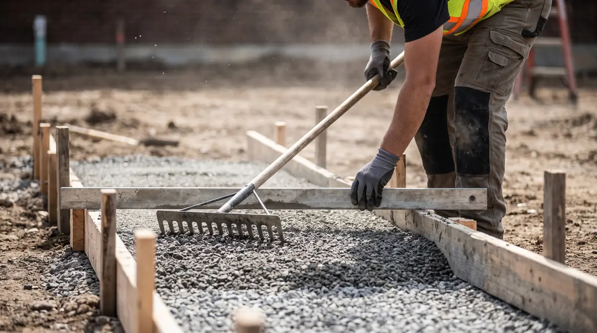 A worker spreading and leveling a compacted gravel base inside wooden forms before a concrete slab pour