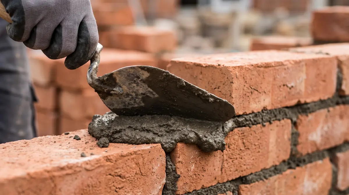 Close up of fresh mortar being spread on a brick course with a trowel at a 3/8 inch joint