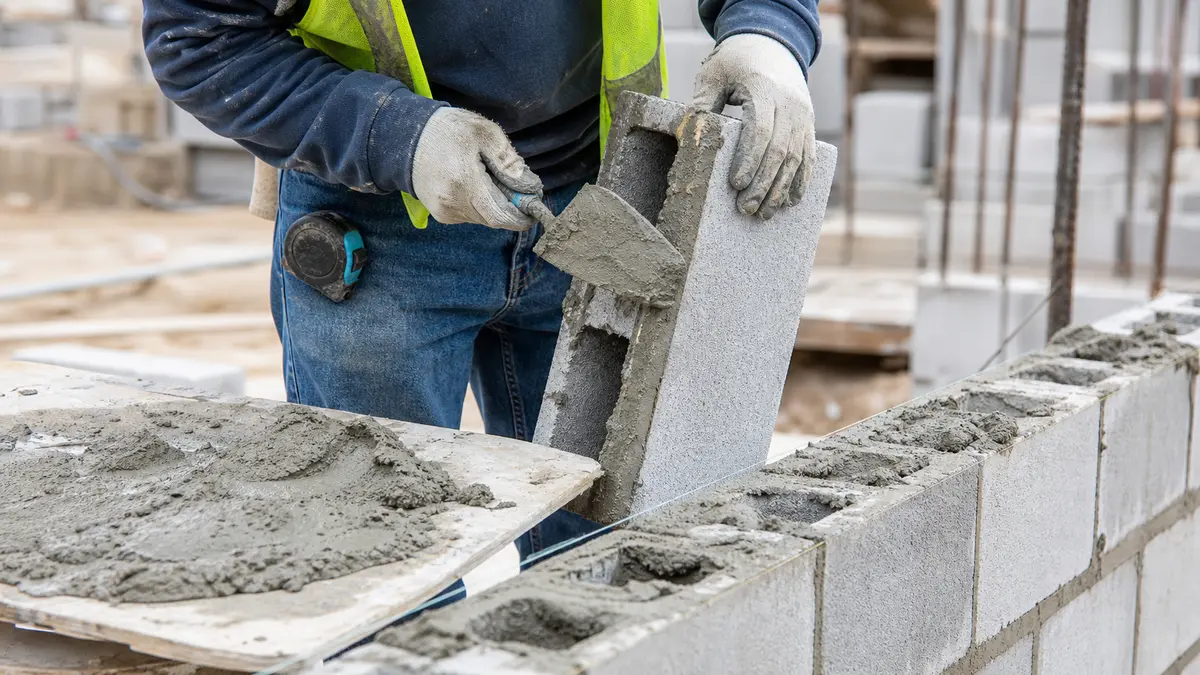 A mason buttering a concrete block with mortar from a board while building a block wall on site